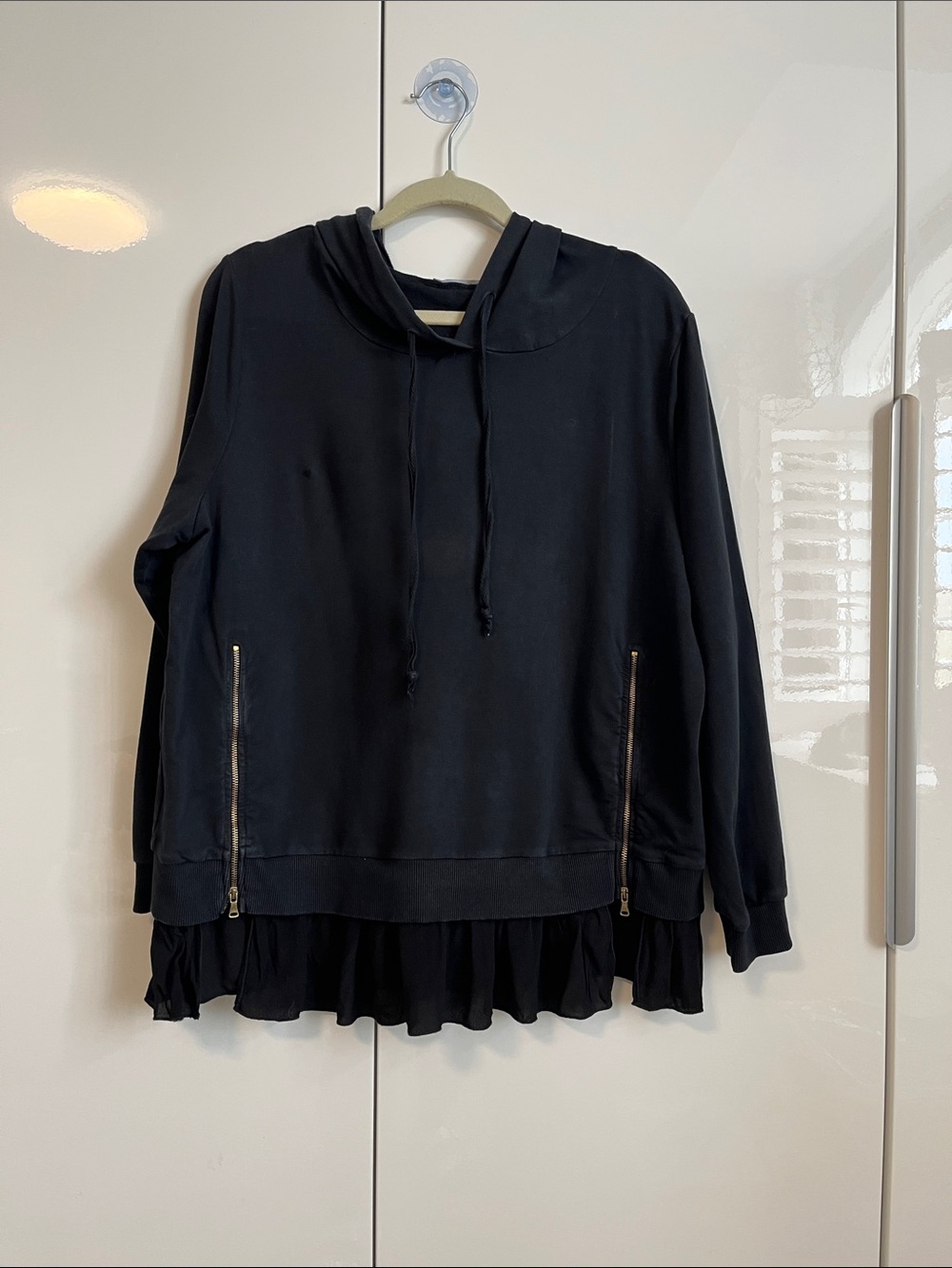 PISTACHE ITALY Black Ruffle-Hem Hoodie with Gold Zippers, Size S